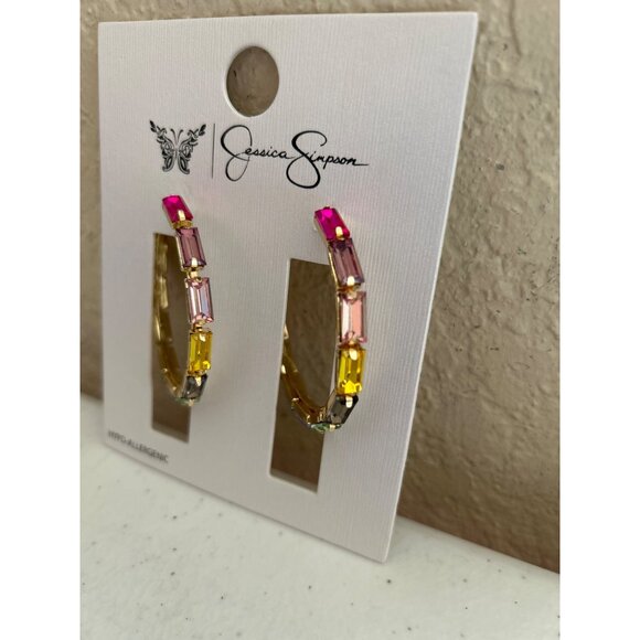 Jessica Simpson Multi-Color Crystal Hoop Earrings Hypoallergenic Gold-Tone - Picture 2 of 4